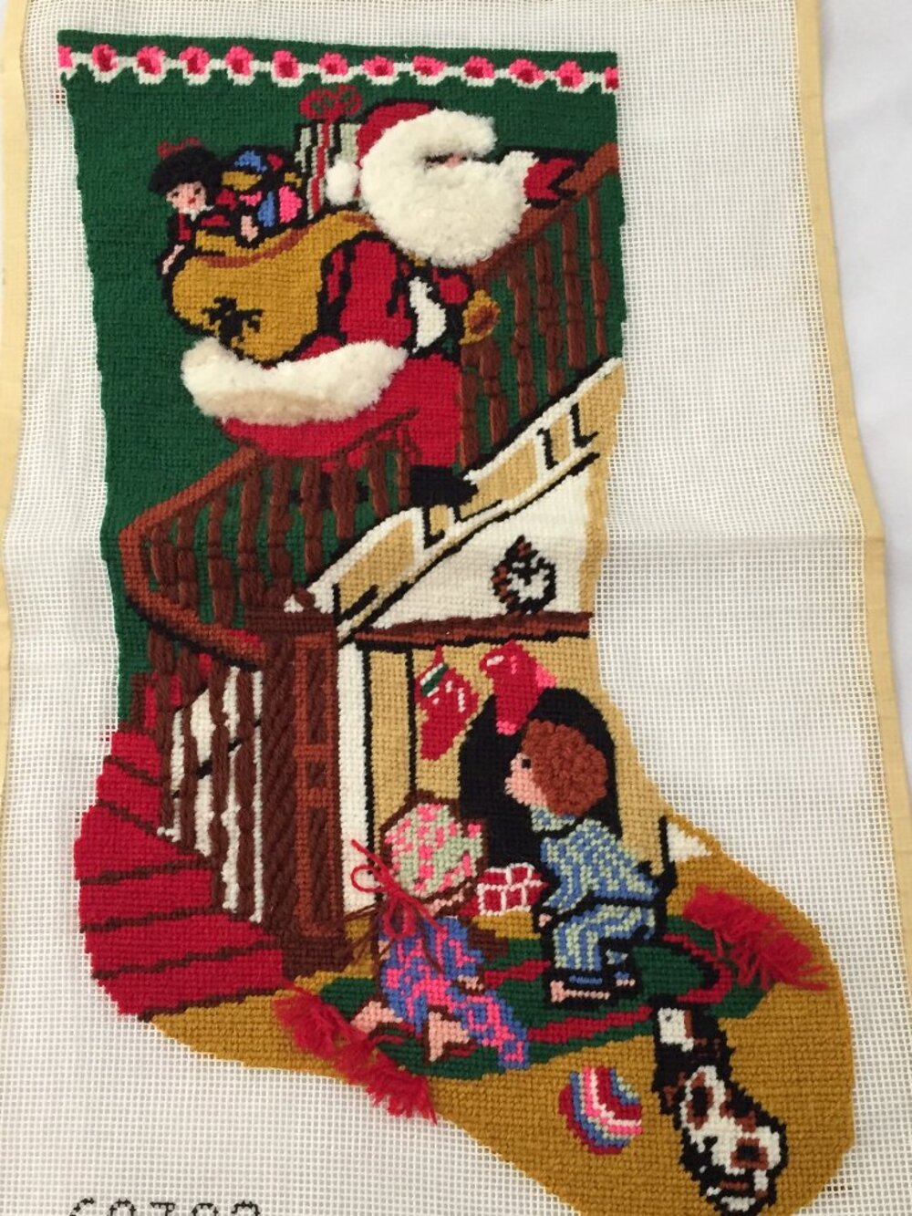 Vtg Bucilla Down the Banister Needlepoint Xmas Stocking Ready to Assemble 16"